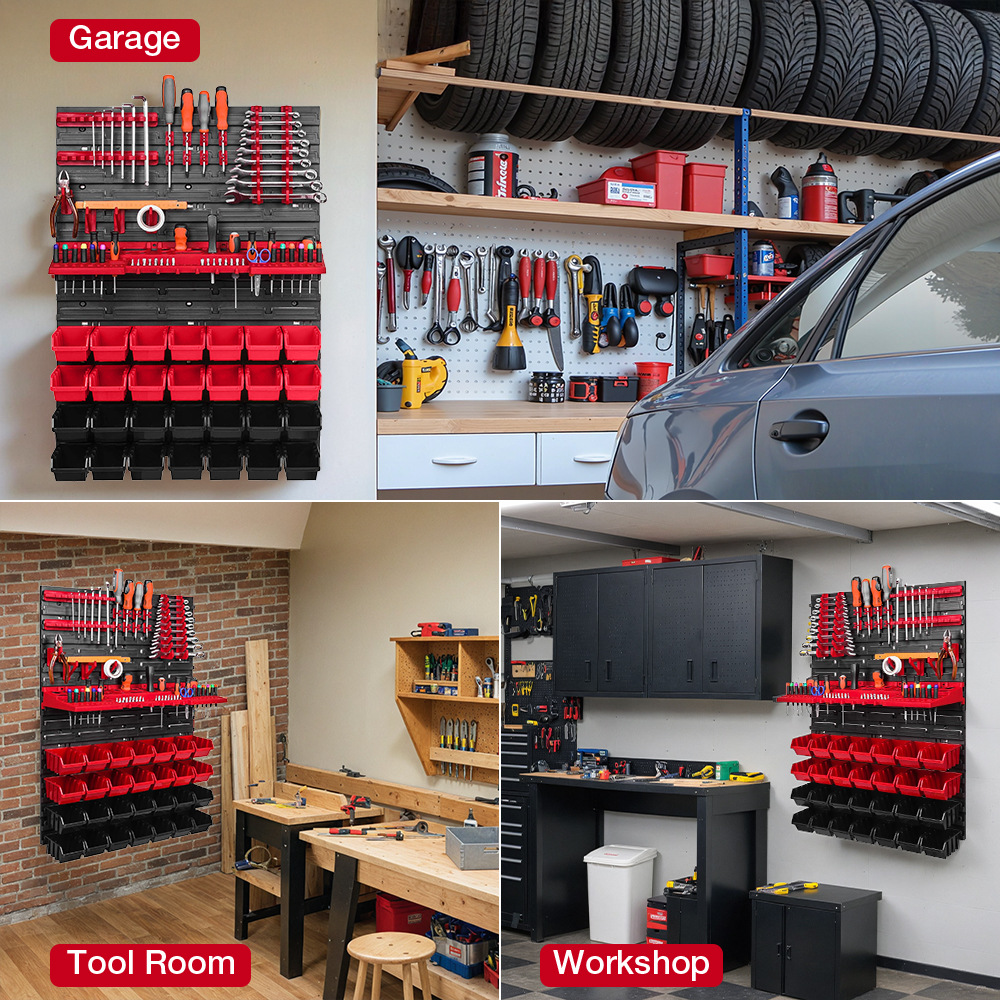 Workshop Tools Rack - ชั้นวางเครื่องมือติดผนัง ที่เก็บเครื่องมือ 28 กล่องแบบซ้อนได้ ชั้นวางเครื่องมือติดผนัง ระบบจัดเก็บอเนกประสงค์สำหรับโรงงานและโรงรถ